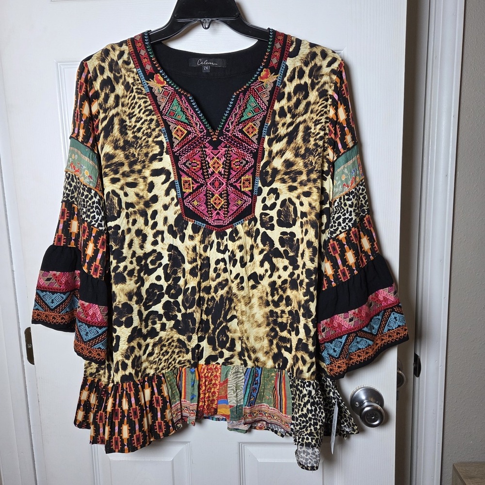 Calessa 2X colorful embroidered tunic top NWT artsy maximalist statement cheetah